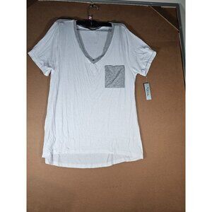 Glitz Cream & Gray Short Cap Sleeve Pocket Rayon Blend Tee Shirt Size Jr L